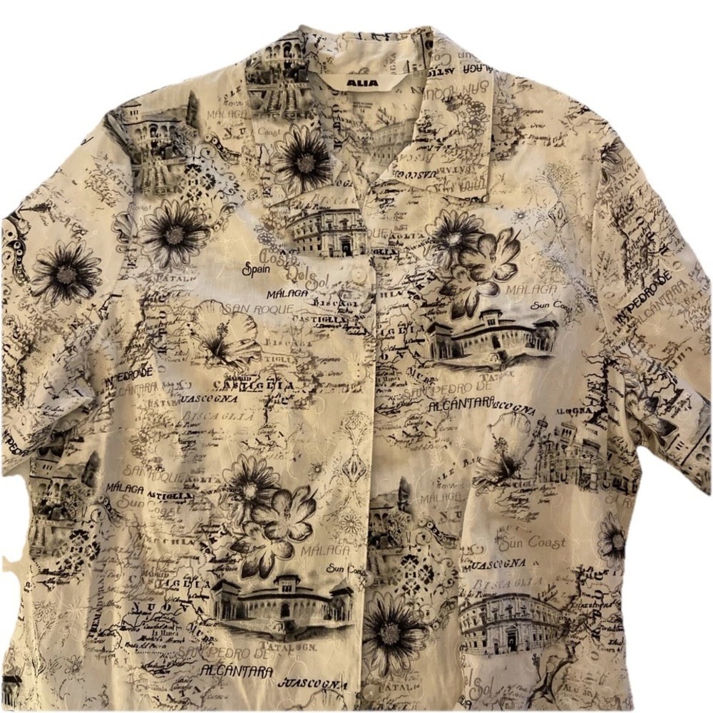 Travel Spain Print Button Up Resort Wear 3/4 Sleeve Blouse Black & White Sz 14